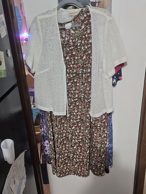 Expressions Brown Floral Midi Dress with White Cardigan Overlay